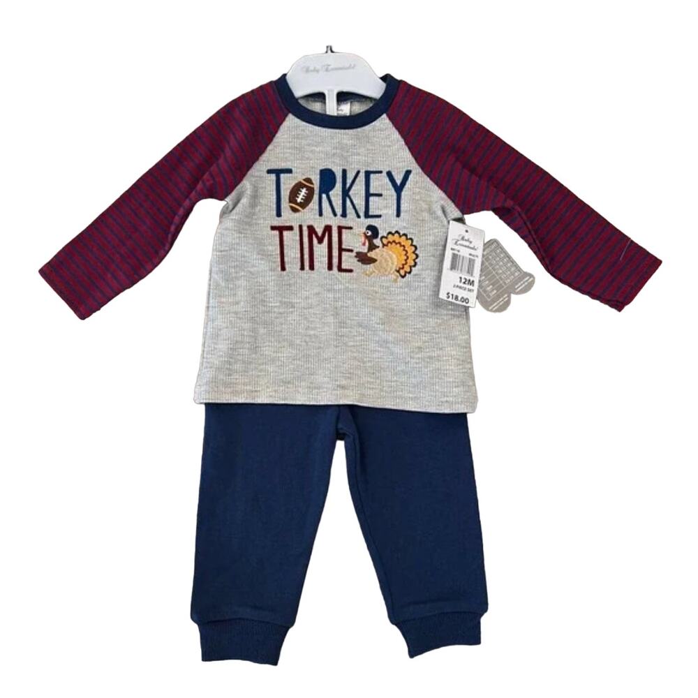 NWT Baby Essentials Navy & Grey Thanksgiving/Football Shirt & Pants - SIZE 12M